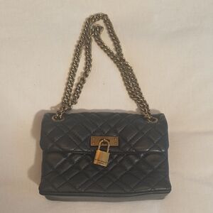 Kurt Geiger London Black Leather Quilted Shoulder Bag, Small, Gold Chain